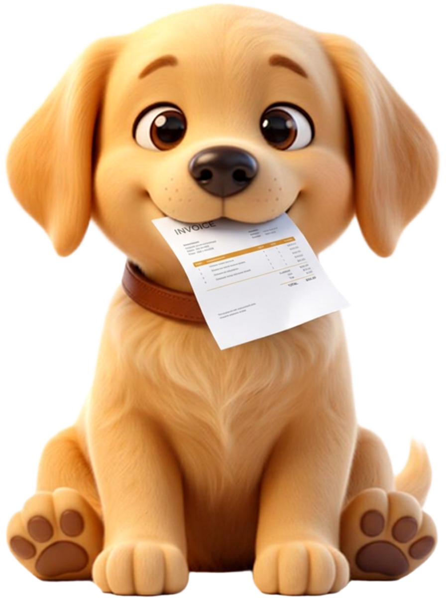 Juviee, the Retrievr mascot, sitting and holding an invoice in its mouth